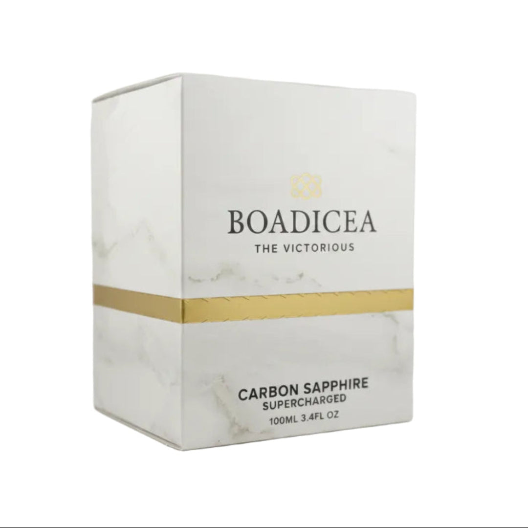 A white marble-patterned box for Boadicea The Victorious Carbon Sapphire Supercharged, featuring a gold band around the middle and black text, photographed on a neutral gray background.