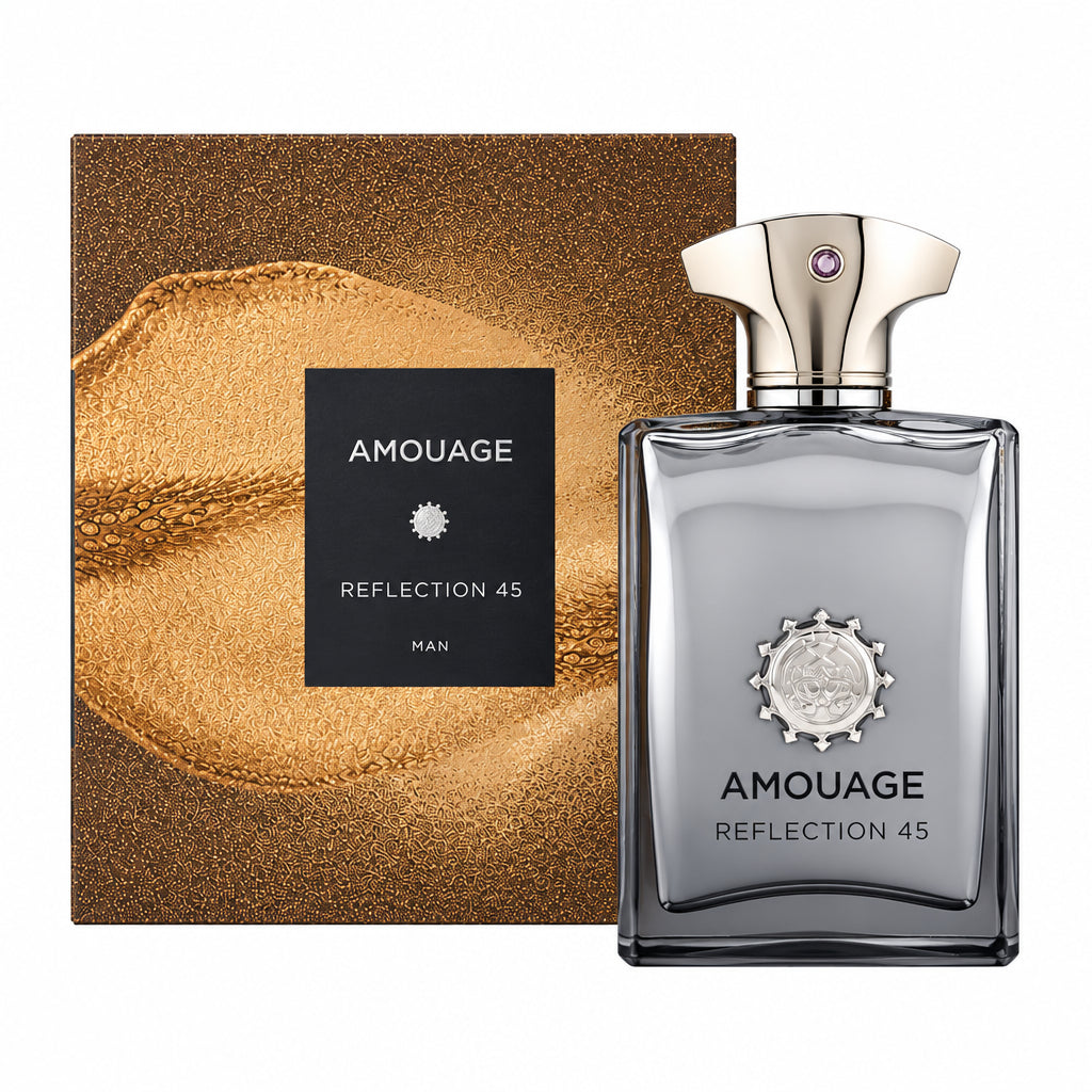 Amouage Reflection 45 Men's fragrance bottle in a smoky gray glass bottle with a metallic silver cap, displayed next to its textured brown and gold outer packaging box.