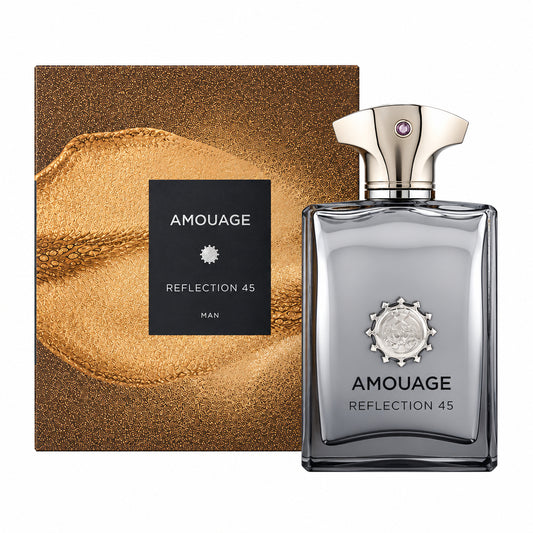 Amouage Reflection 45 Men's fragrance bottle in a smoky gray glass bottle with a metallic silver cap, displayed next to its textured brown and gold outer packaging box.