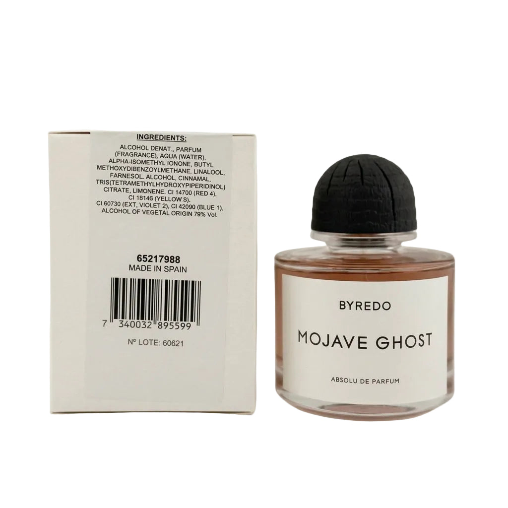 A bottle of Byredo Mojave Ghost Absolu de Parfum next to its white cardboard packaging box, set against a plain light gray background.