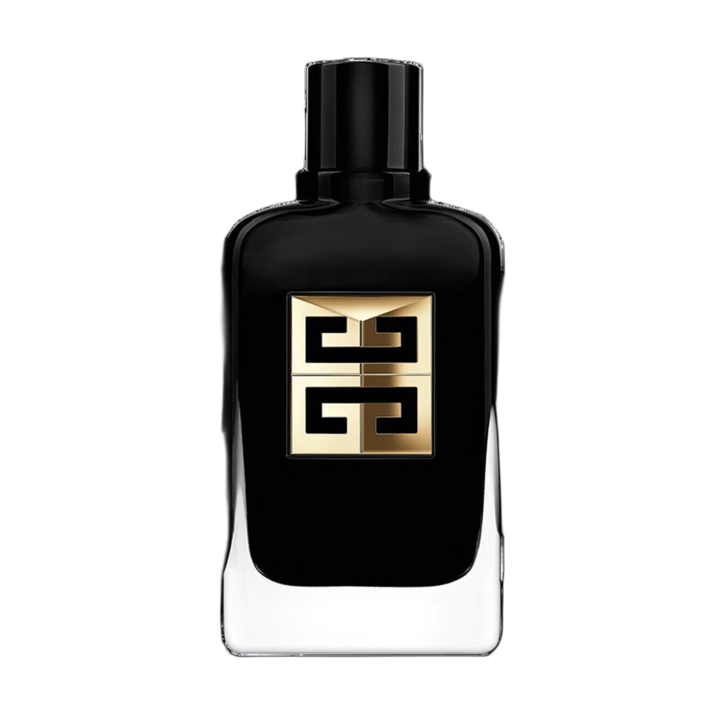 Black perfume bottle with gold logo on a white background