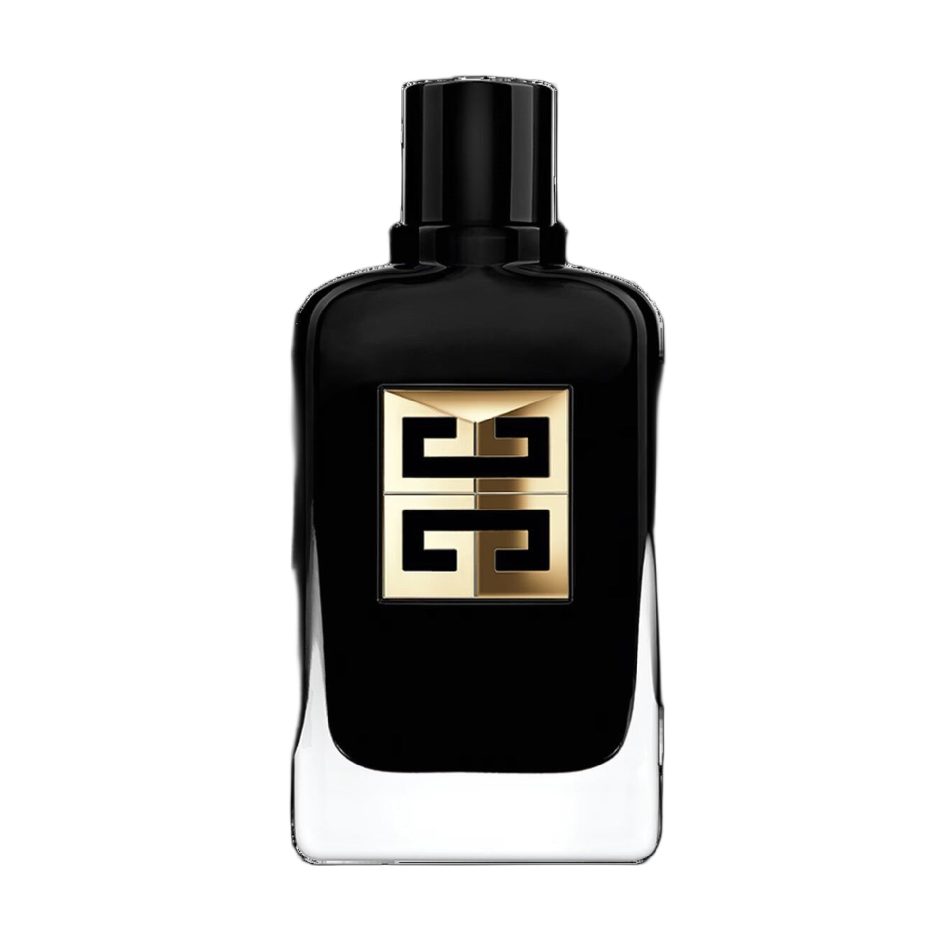Black perfume bottle with gold logo on a white background