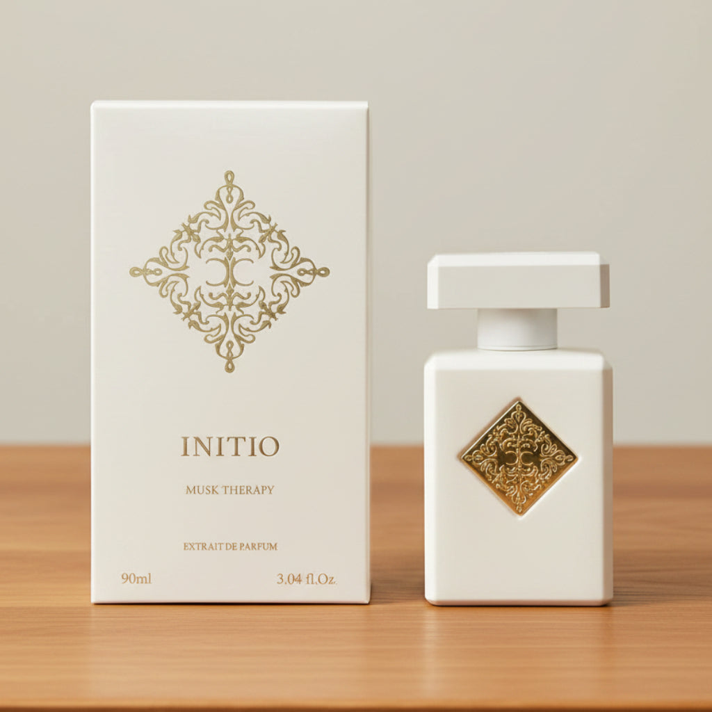 White perfume bottle and packaging with 'Initio' branding on a white background