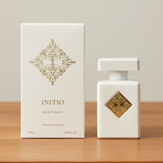 White perfume bottle and packaging with 'Initio' branding on a white background