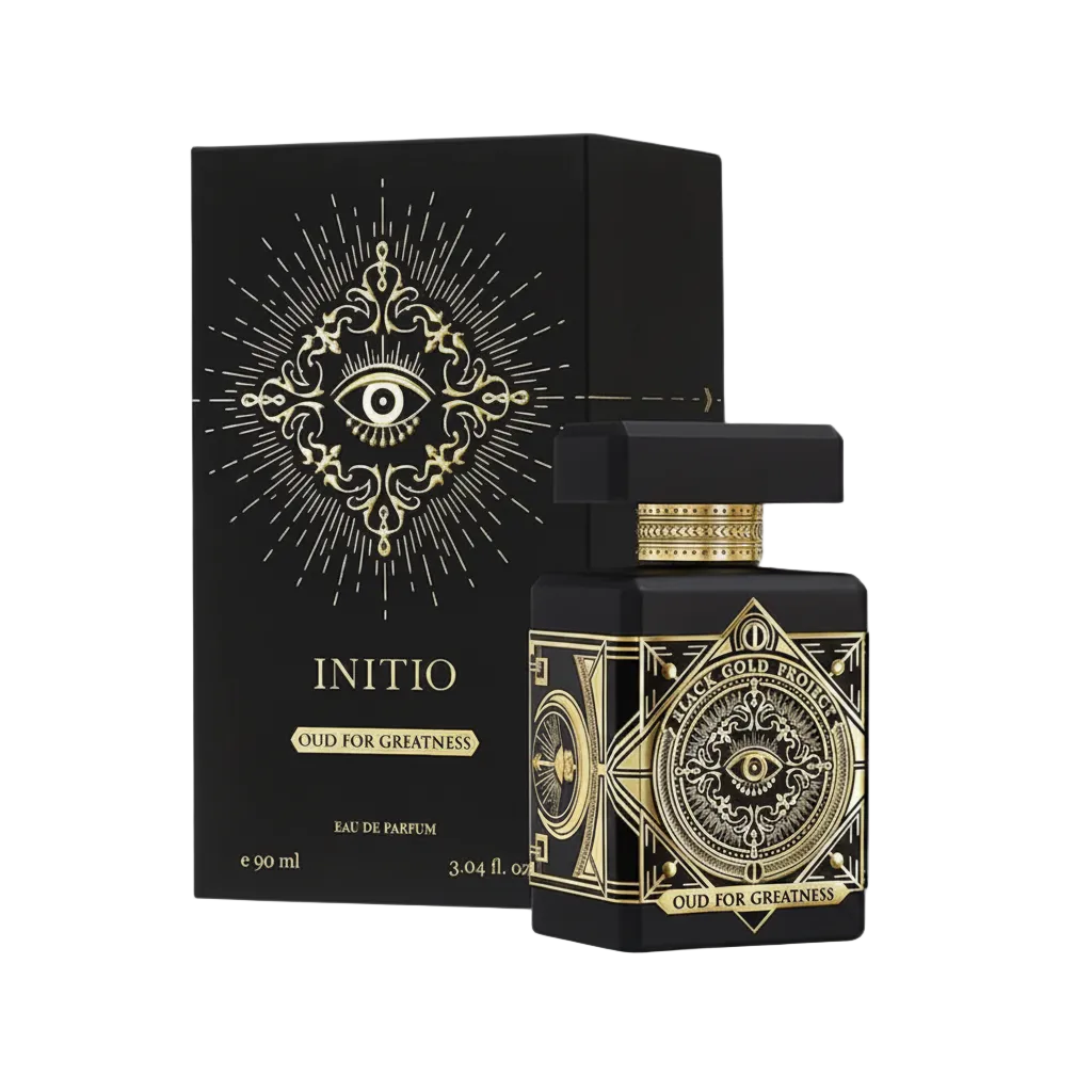 Black and gold perfume bottle with decorative packaging featuring an eye design.