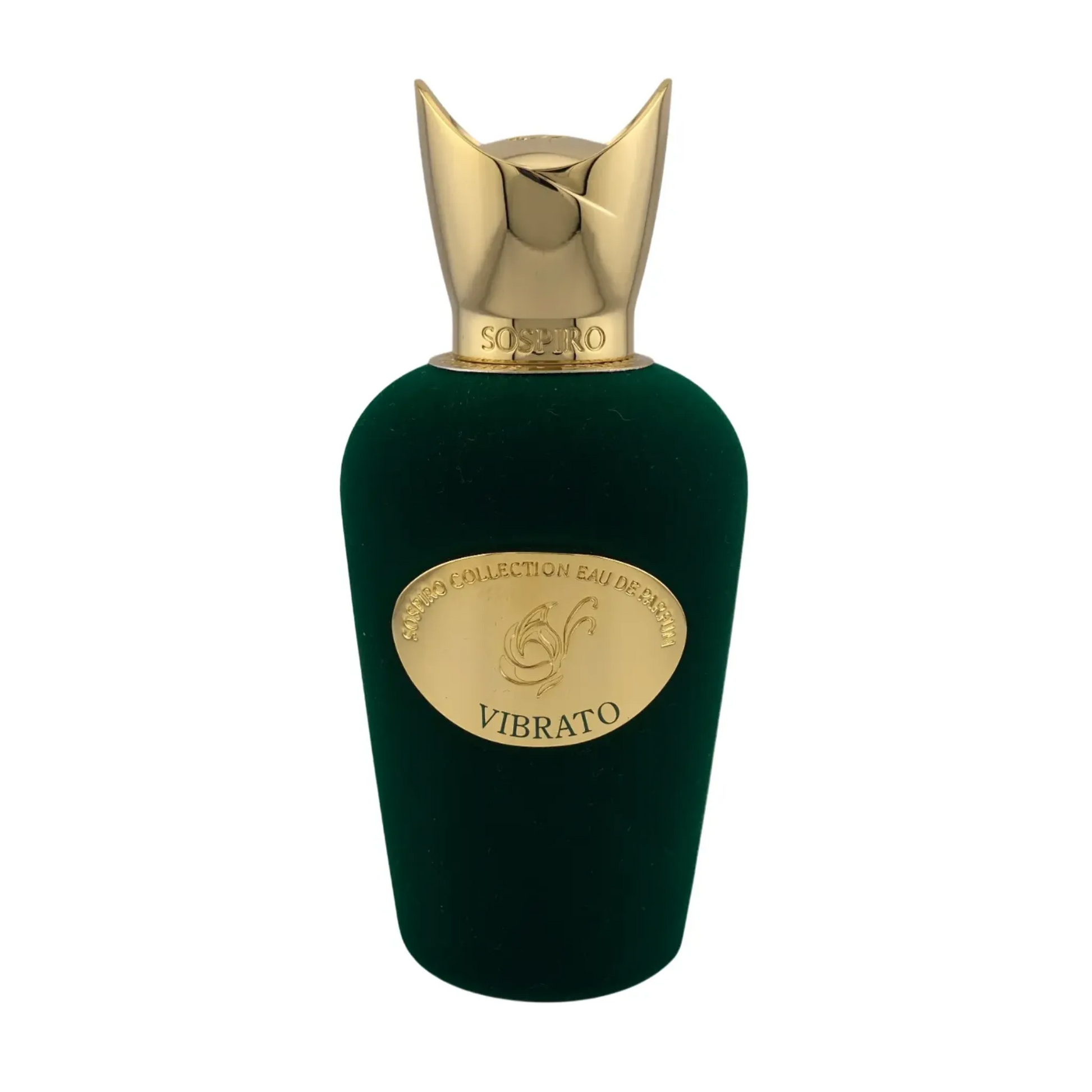 Green perfume bottle with gold cap and label on a white background