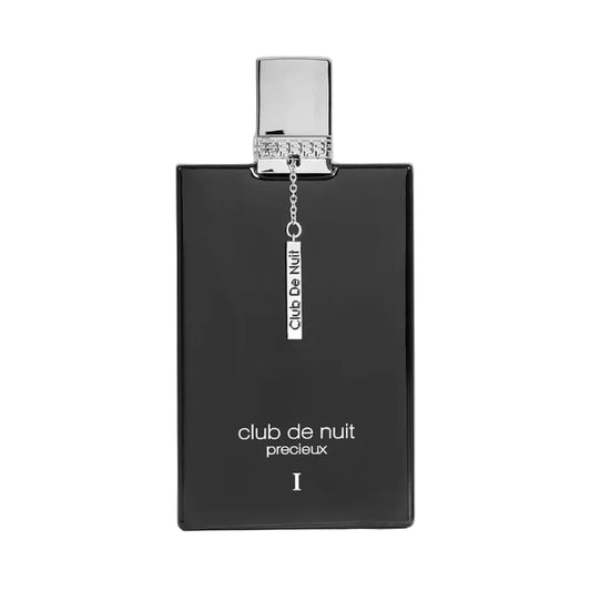 A black rectangular perfume bottle with a silver cap and silver text reading 'club de nuit precieux' on a white background.