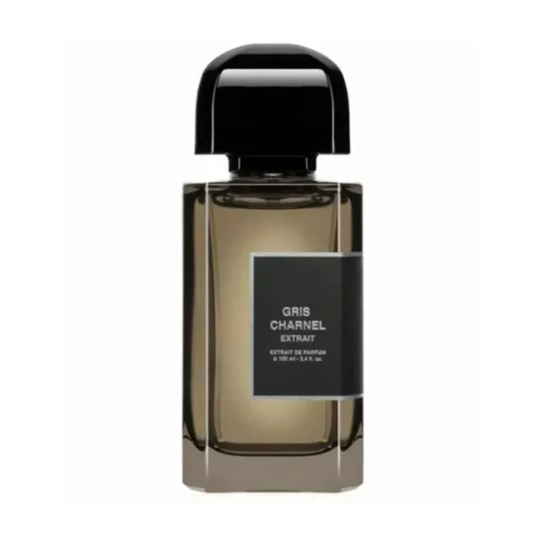 Perfume bottle labeled 'Gris Charnel Extrait' with black cap on a white background