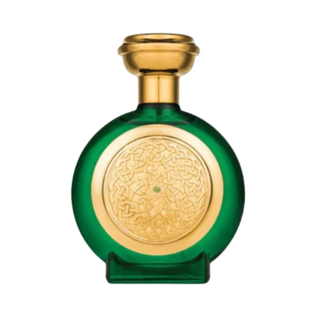 Green Sapphire Boadicea. Green perfume bottle with gold cap on a white background