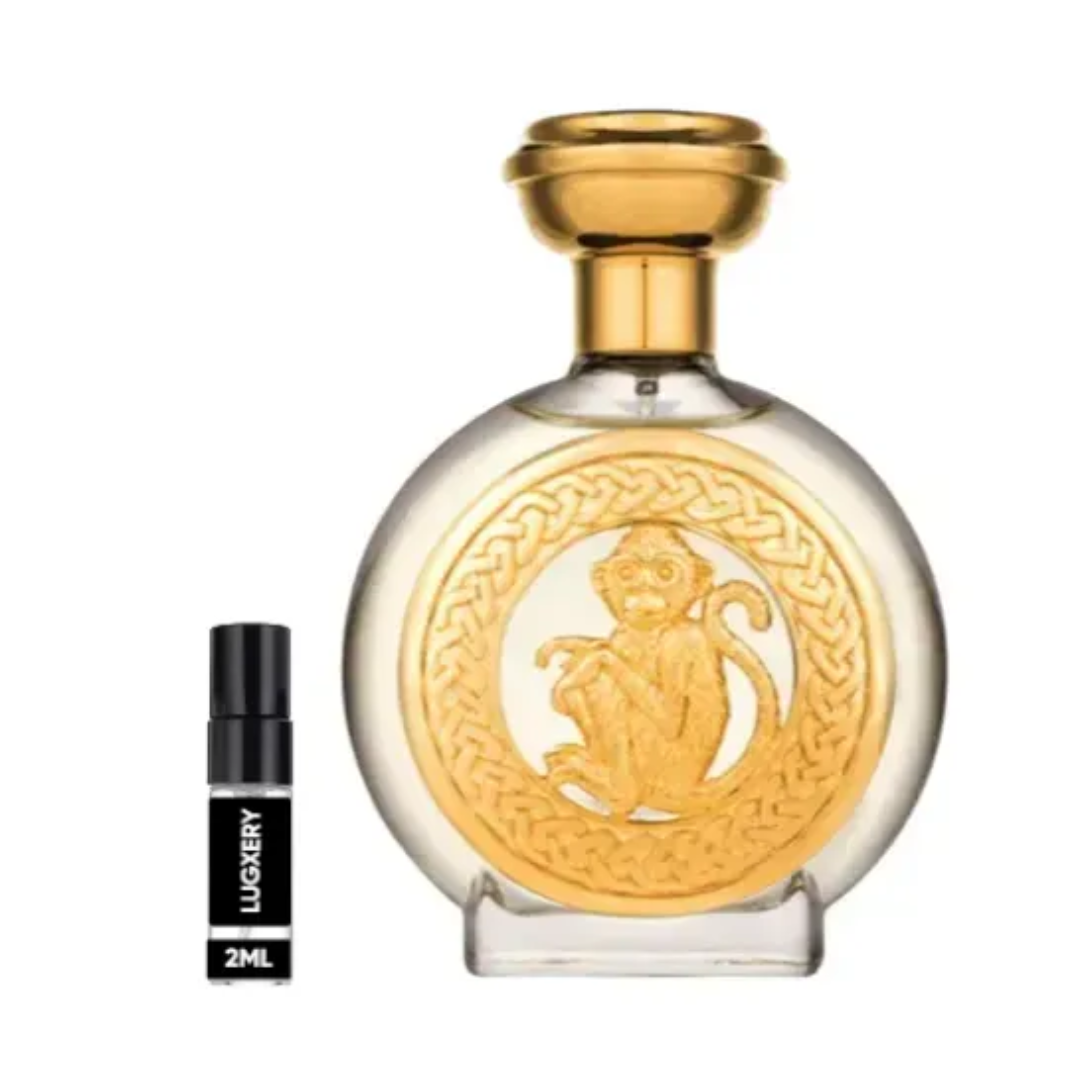 Hanuman Boadicea. Perfume bottle with gold cap and detailed label on a white background