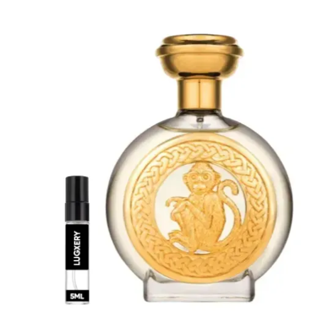 Hanuman Boadicea. Perfume bottle with gold cap and decorative design on a white background