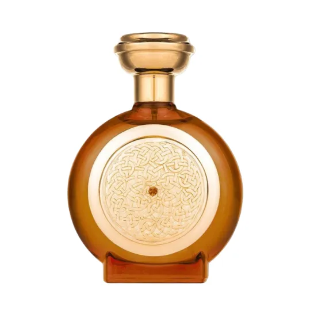 Tobacco Sapphire Boadicea. Brown perfume bottle with gold cap on a white background