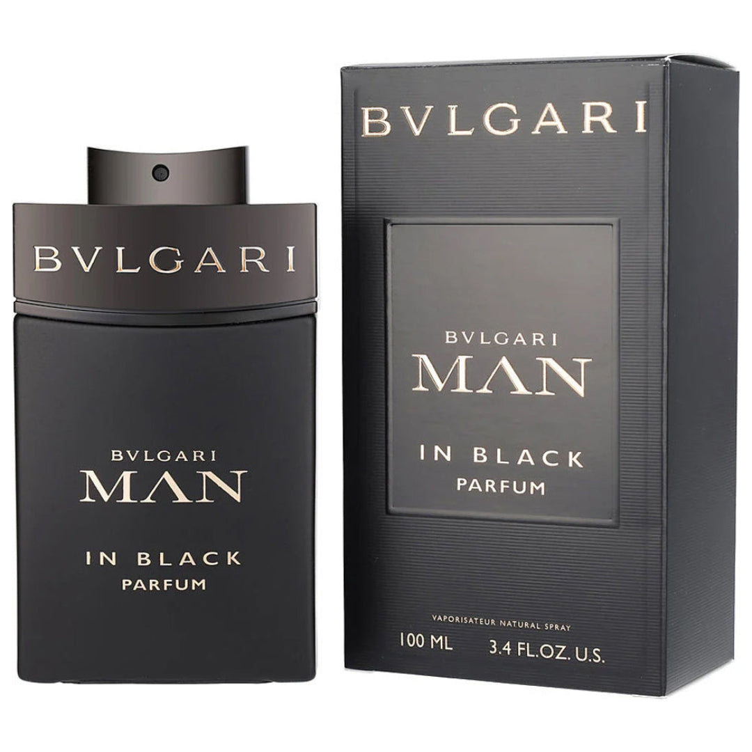 Bulgari Man in Black perfume bottle and packaging on a white background