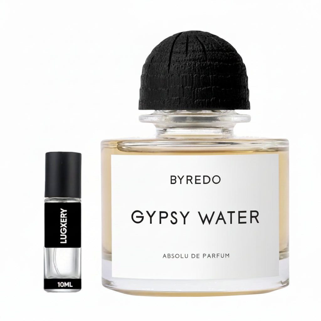 Byredo Gypsy Water perfume bottle with a smaller bottle labeled 'Luggagey' on a white background