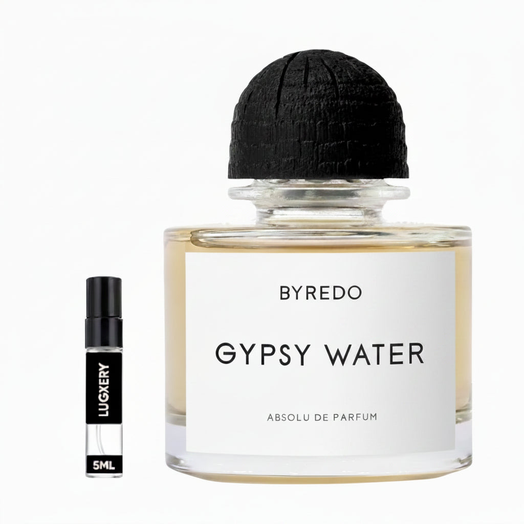 Byredo Gypsy Water perfume bottle with a smaller sample bottle on a white background