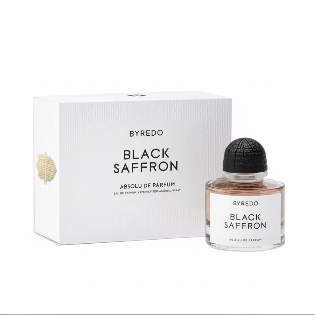 Byredo Black Saffron perfume bottle and packaging on a white background