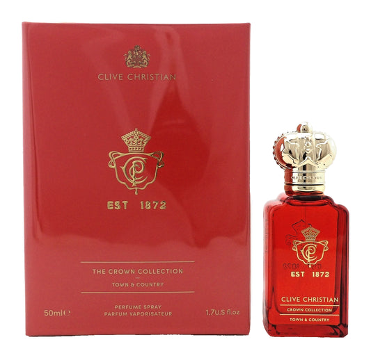 Clive Christian Town & Country Crown Collection perfume spray bottle and its red packaging box, featuring gold lettering and a crown cap.