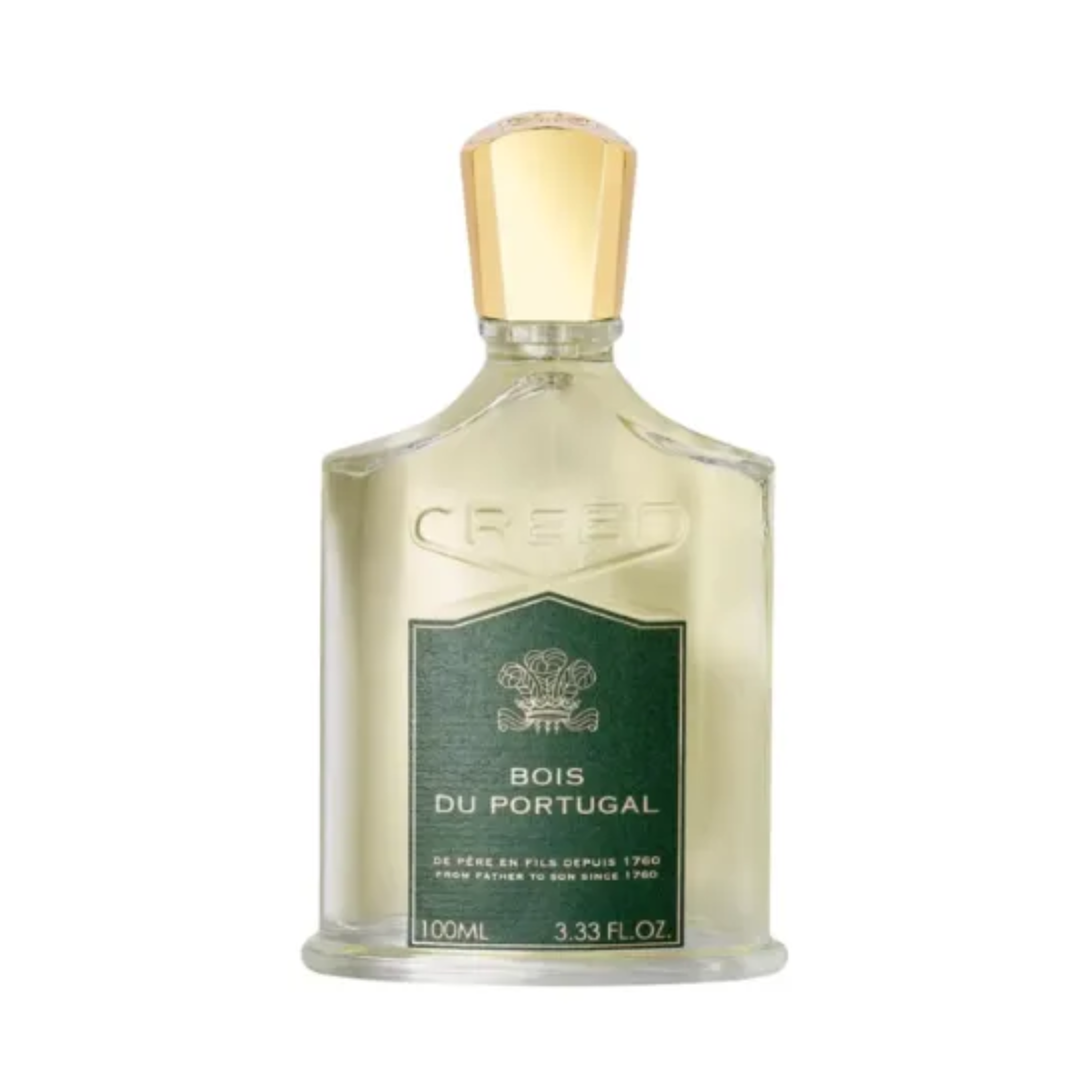 Perfume bottle labeled 'Bois du Portugal' by Creed on a white background