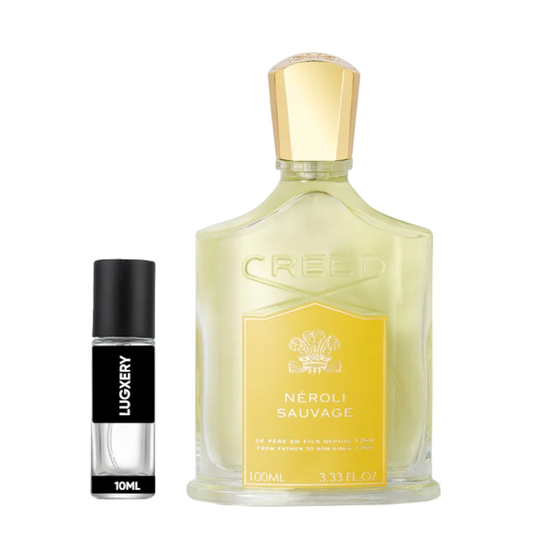 Creed Neroli Sauvage perfume bottle with a smaller Luminum bottle on a white background