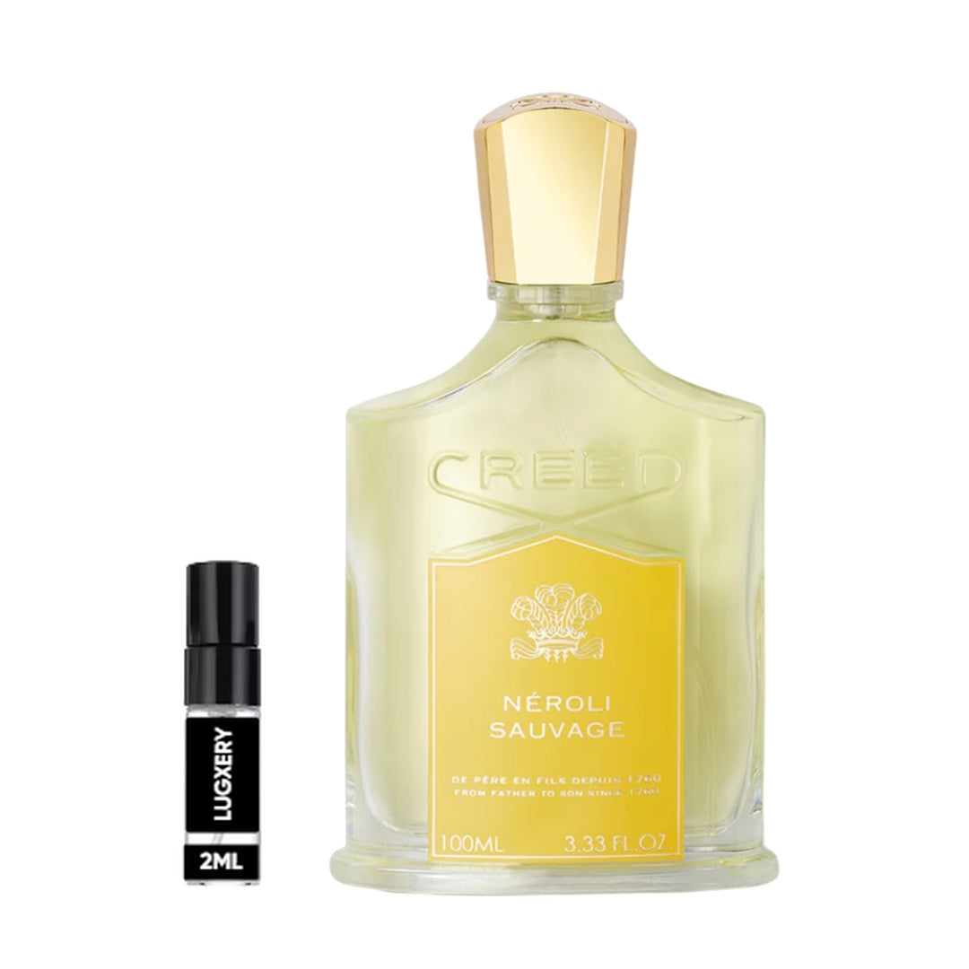 Creed Neroli Sauvage perfume bottle with a smaller black and white bottle labeled 'L'eggsy' on a white background