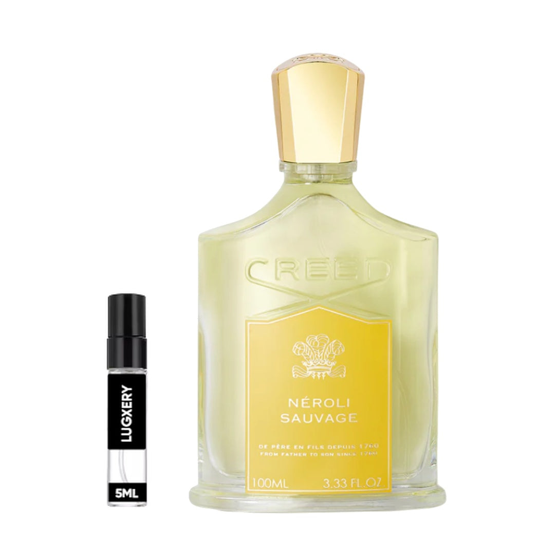 Creed Neroli Sauvage perfume bottle with a smaller sample bottle on a white background