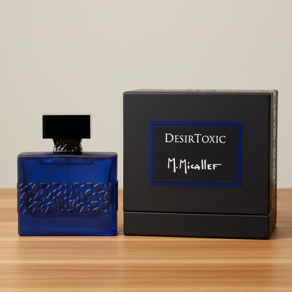 M. Micalleff DesirToxic perfume bottle in a textured cobalt blue glass with a black cap, shown next to its black presentation box featuring te brand name.