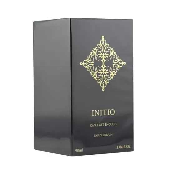 Black perfume box with gold design and 'Initio' branding on a white background