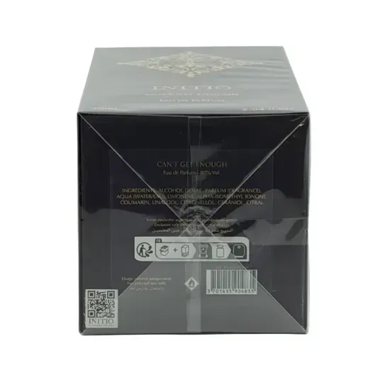 Black rectangular box with brand name on a white background