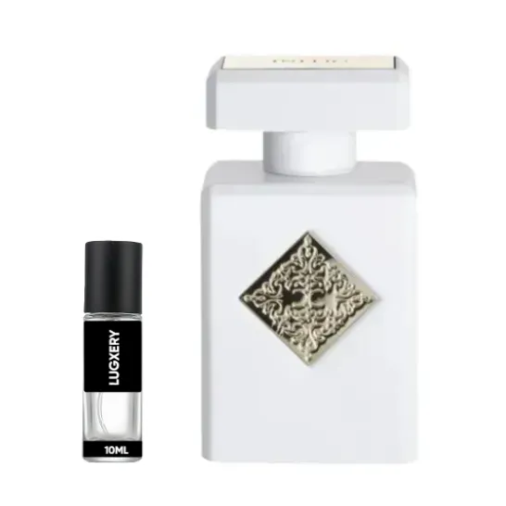 White perfume bottle with decorative cap and black rollerball bottle labeled 'Luxury' on a white background