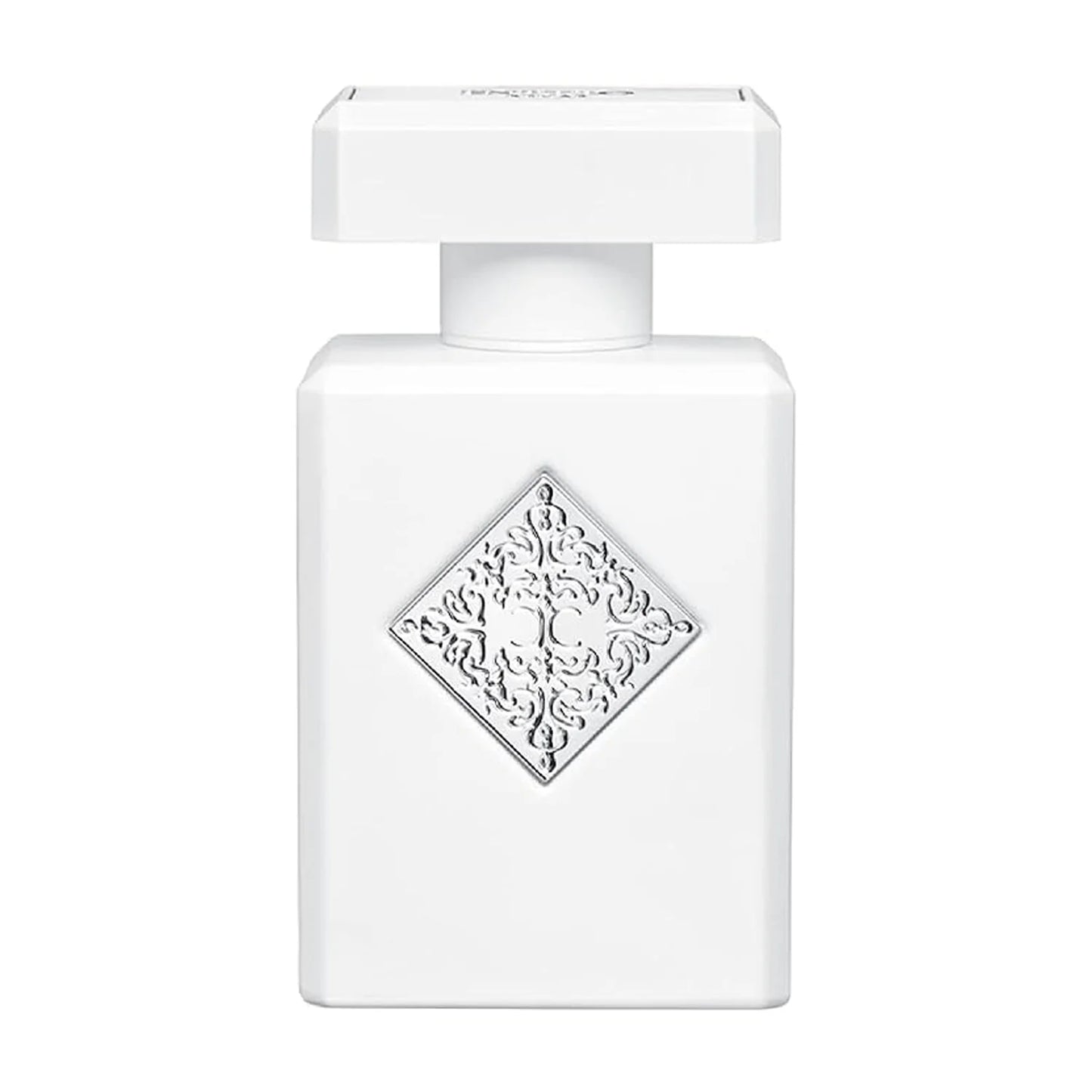 White perfume bottle with decorative label on a white background