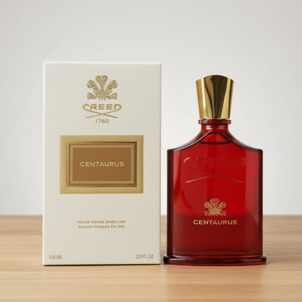 Red Creed Centaurus perfume bottle with white box on a white background