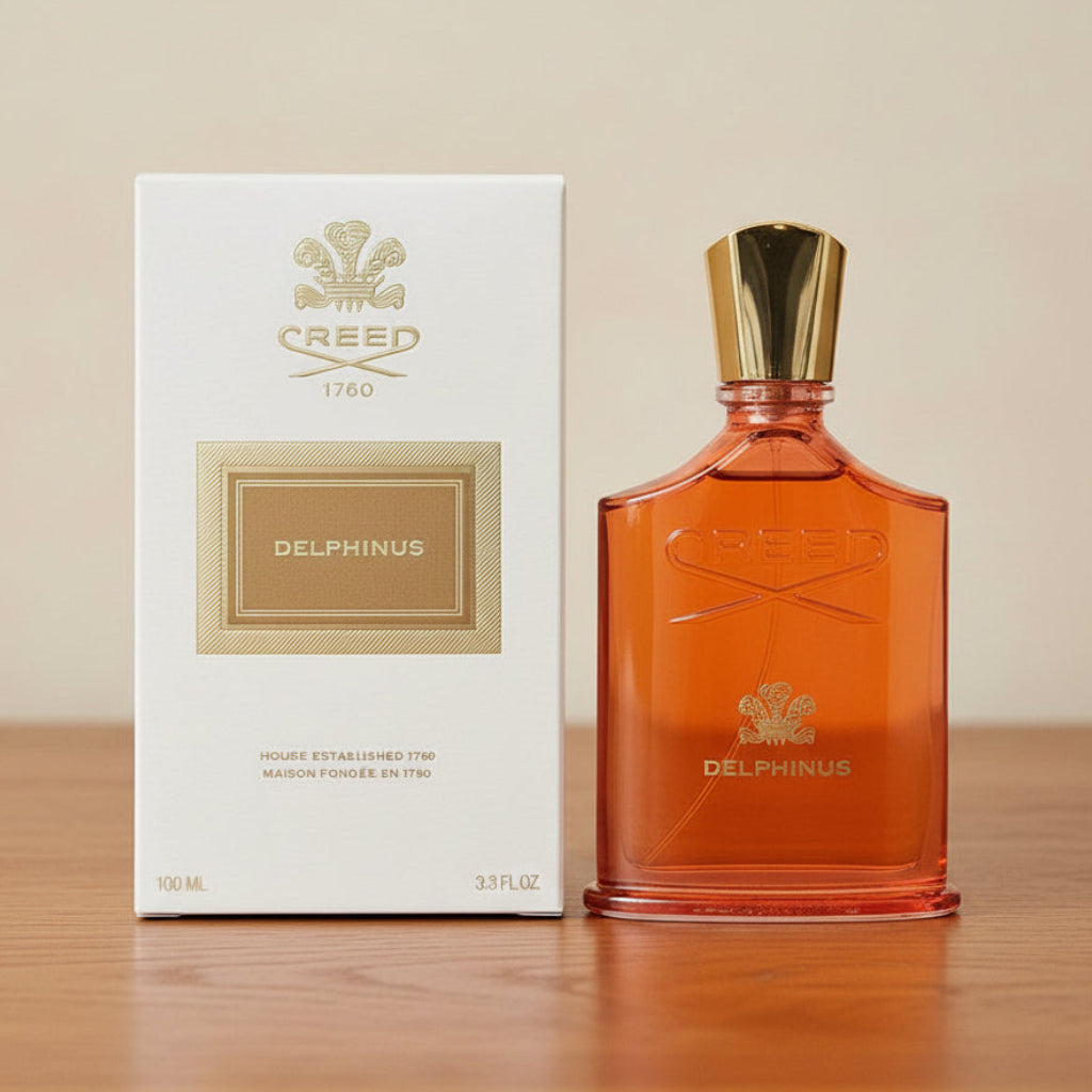 Creed Delphinus perfume bottle in orange glass with a gold cap, shown next to its white and gold packaging box on a white background.