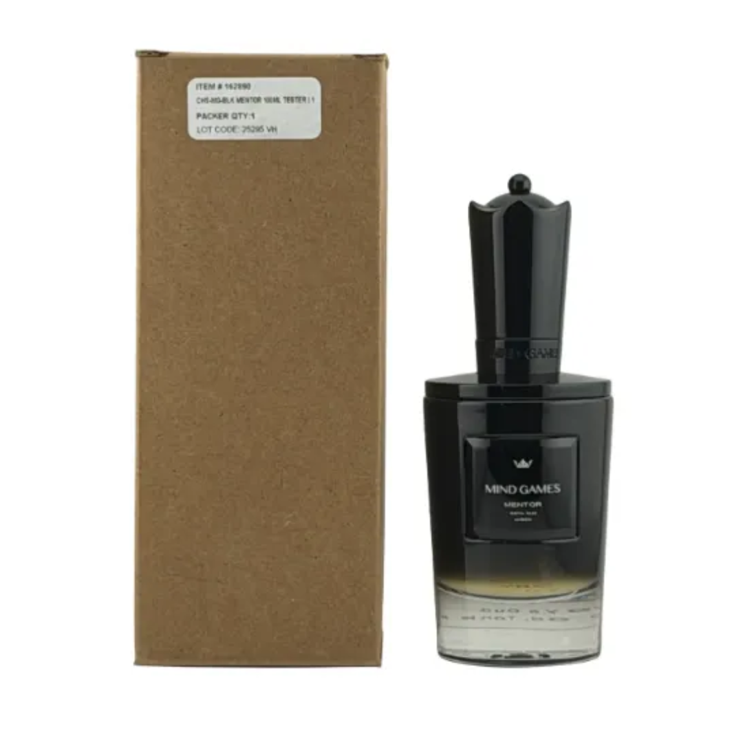 Black perfume bottle with 'Mind Games' branding next to a cardboard box on a white background