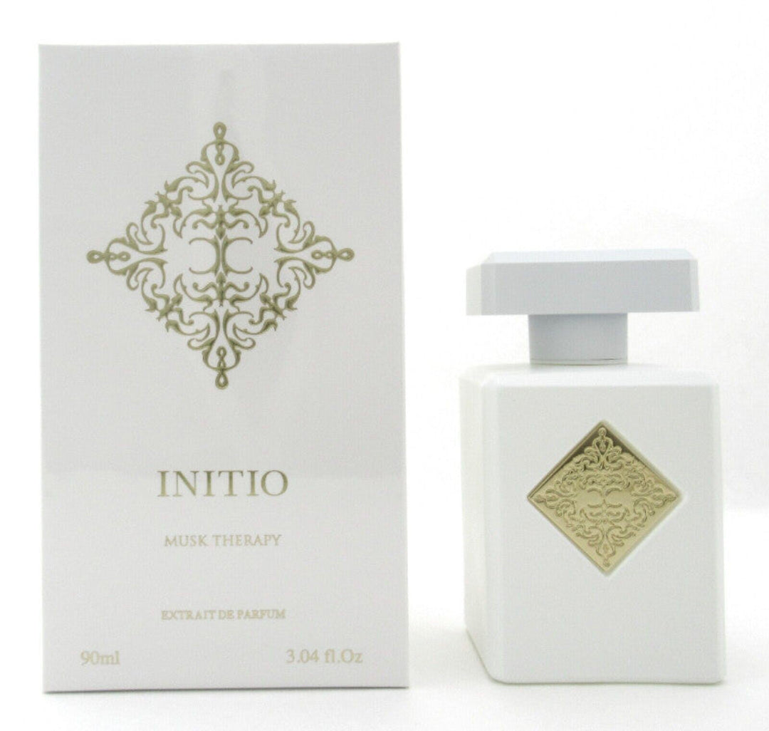 White perfume bottle and packaging with 'Initio' branding on a white background