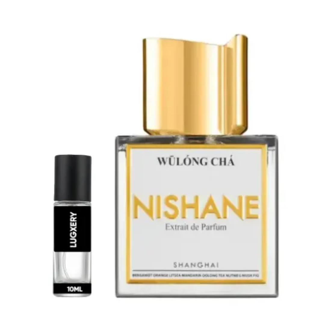 Two Nishane perfume bottles, one large with gold cap and smaller black bottle with white label, on a white background.