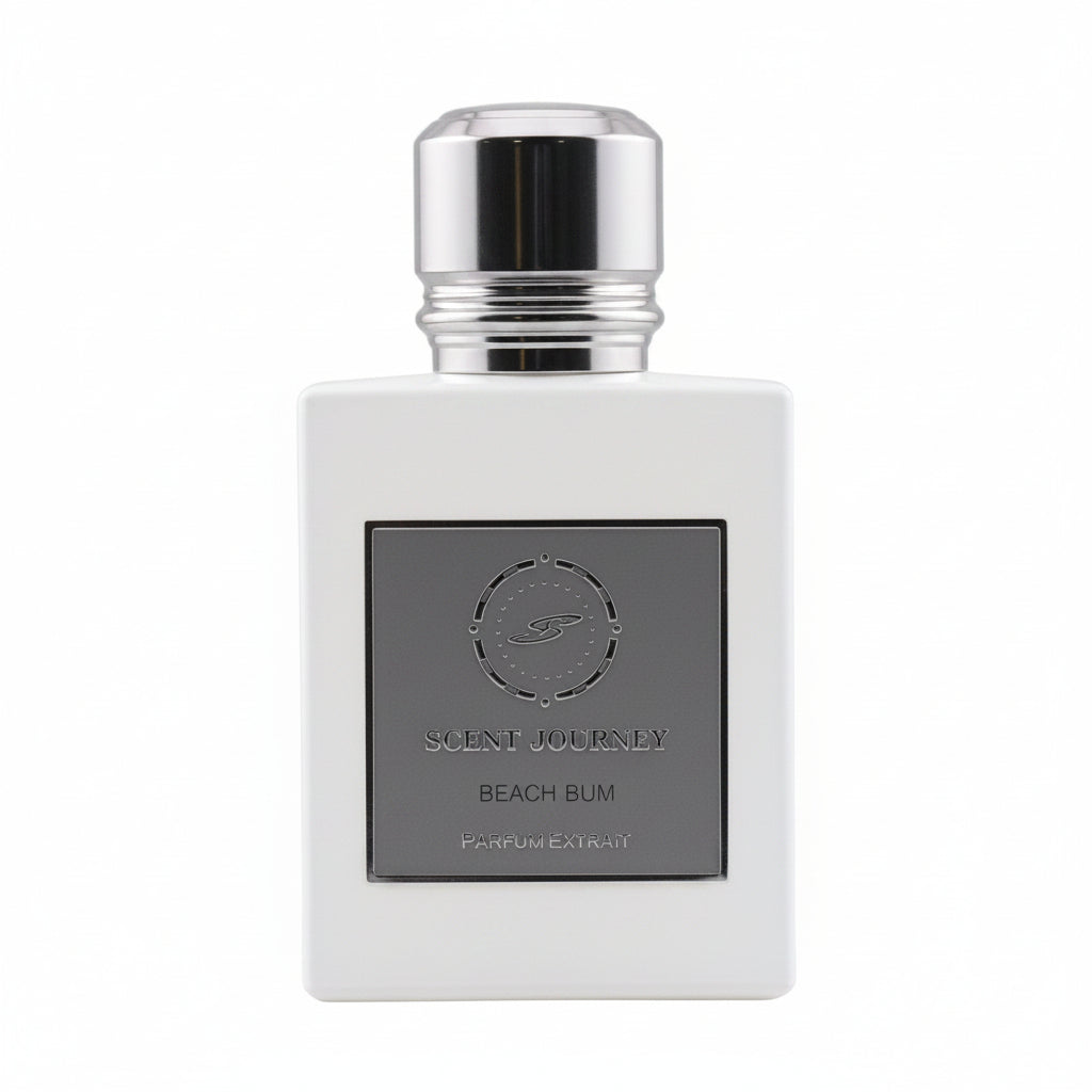 A rectangular glass perfume bottle with a metallic silver cap and a dark gray front label reading 'SCENT JOURNEY BEACH BUM' and 'PARFUM CARATAY'.