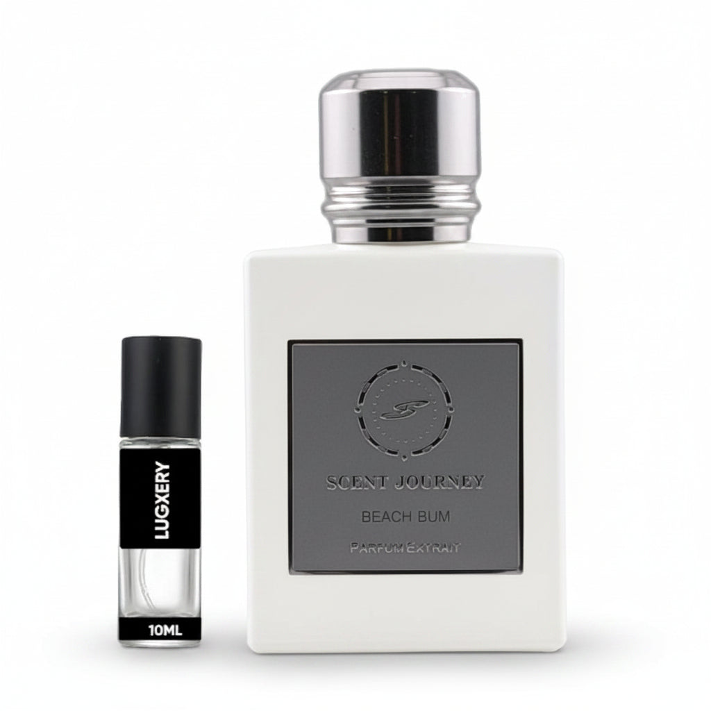 A 10ml travel perfume spray vial next to its larger 100ml bottle. The vial has a black cap and a black label with 'LUGKERY' in white.