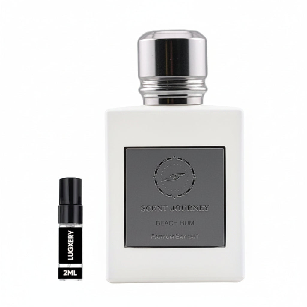 A bottle of Scent Journey Beach Bum Parfum 10ml next to a small 2ml sample vial labeled Luxery, on a plain white background.