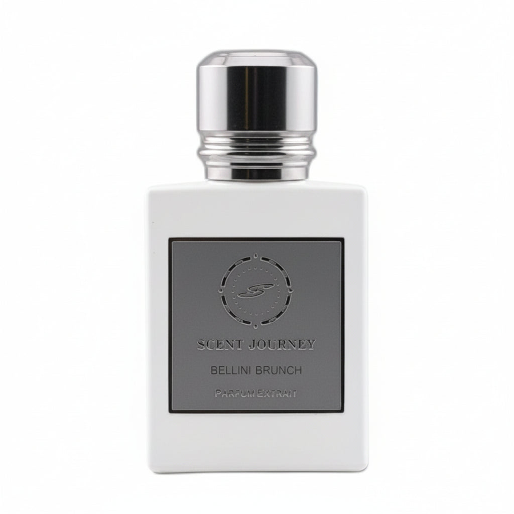 A rectangular matte gray perfume bottle with a shiny silver cap, featuring a dark gray label that reads 'SCENT JOURNEY BELLINI BRUNCH' on a white background.