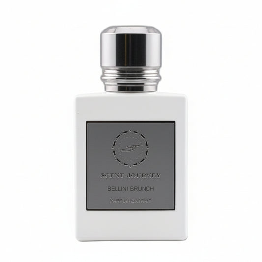 A rectangular matte gray perfume bottle with a shiny silver cap, featuring a dark gray label that reads 'SCENT JOURNEY BELLINI BRUNCH' on a white background.