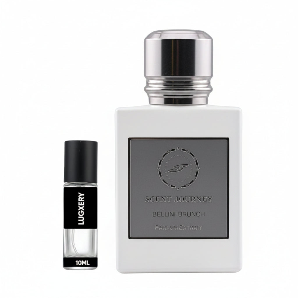 A bottle of Scent Journey Bellini Brunch perfume next to a 10ml travel spray vial. The main bottle is a matte taupe-gray color with a shiny silver cap, and the smaller vial has a black cap and a black label with white text.