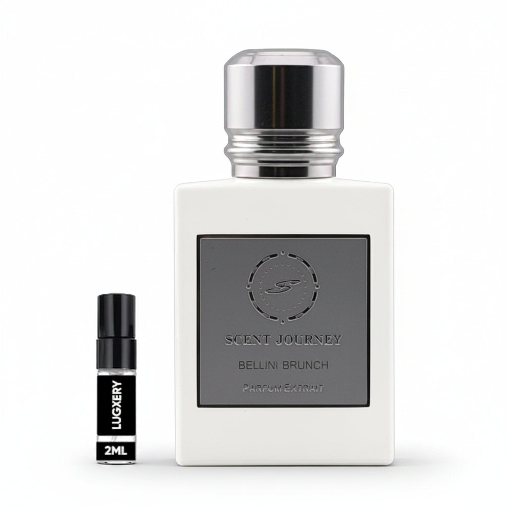 A bottle of Scent Journey Bellini Brunch perfume with a metallic silver cap and a gray rectangular body, shown next to a small black 2ml sample spray vial labeled Luxery on a white background.