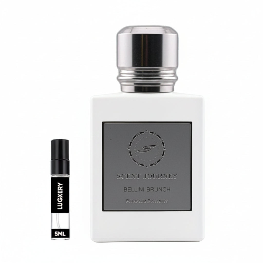A bottle of Scent Journey Bellini Brunch perfume with a silver cap and a gray label, shown next to a small black and white sample vial labeled LUGKERY 5ML on a white background.