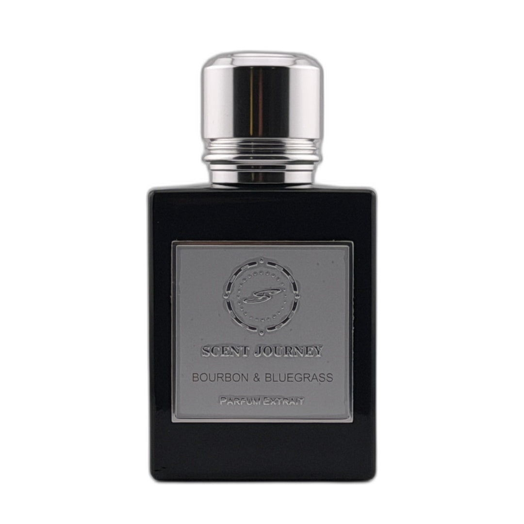 A black rectangular perfume bottle with a silver cap and a silver label reading 'SCENT JOURNEY BOURBON & BLUEGRASS' on a white background.
