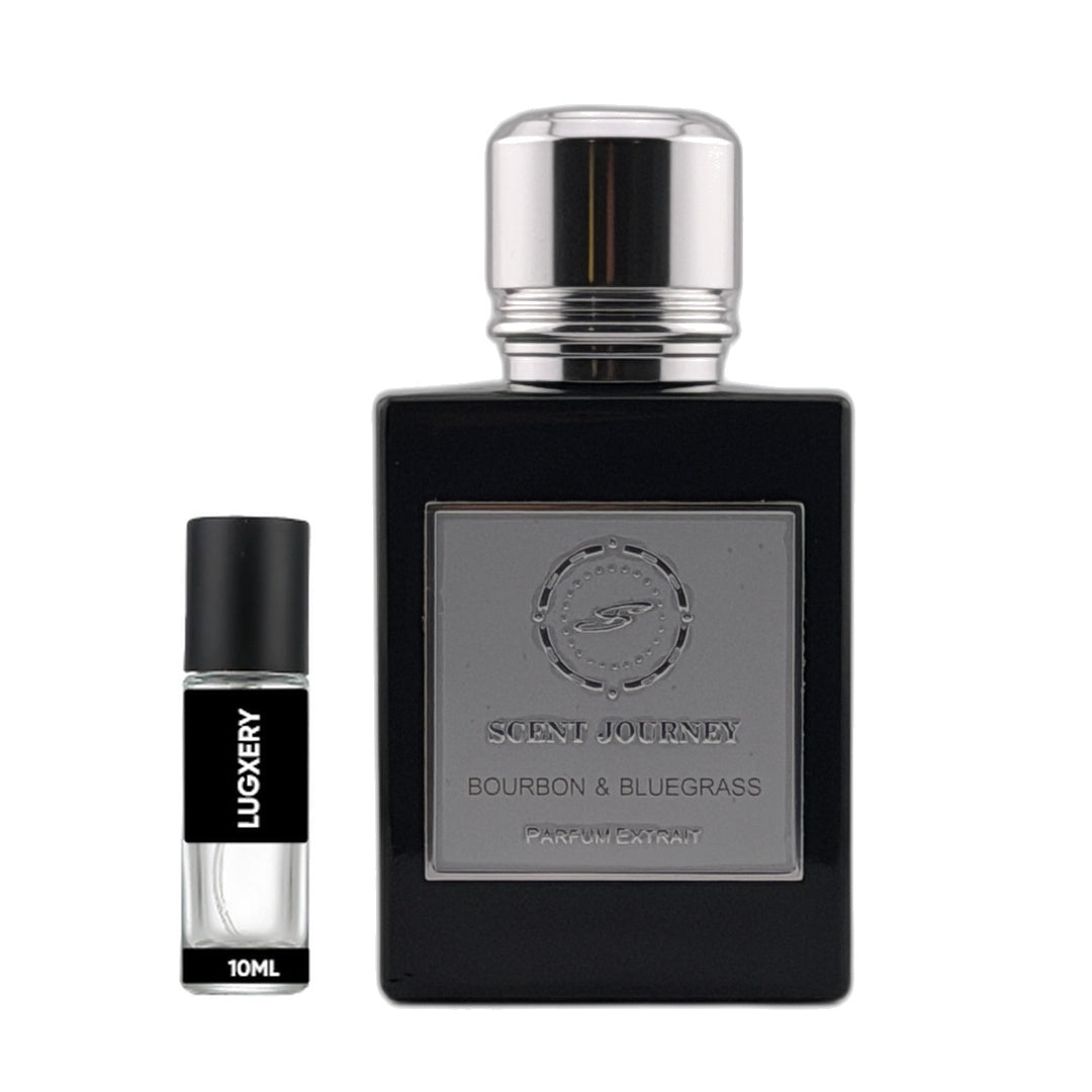 A 10ml travel perfume sample vial next to its 100ml original bottle. The original bottle is black with a silver cap and a silver label reading 'SCENT JOURNEY BOURBON & BLUEGRASS PERFUMERY'.