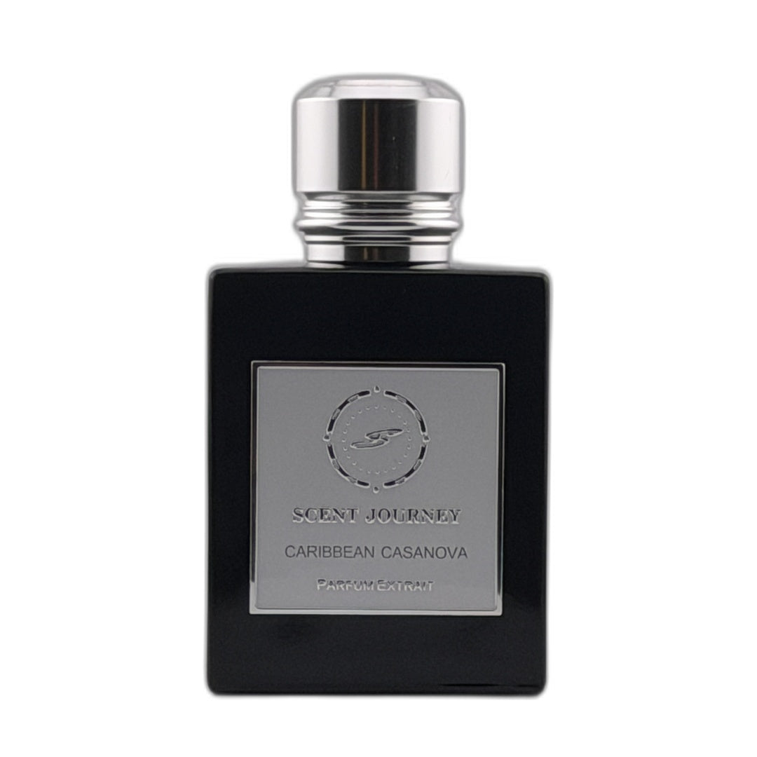 A black rectangular perfume bottle with a silver cap and a silver front label reading 'SCENT JOURNEY' and 'CARIBBEAN CASANOVA'.