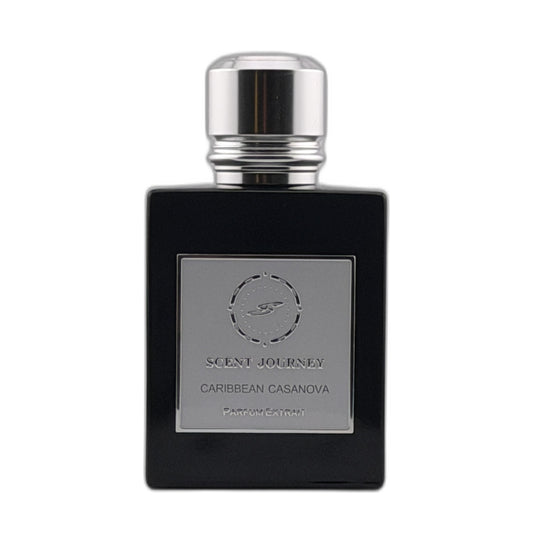 A black rectangular perfume bottle with a silver cap and a silver front label reading 'SCENT JOURNEY' and 'CARIBBEAN CASANOVA'.