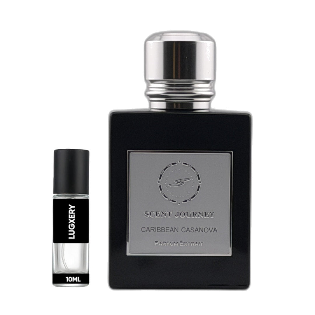 A 10ml travel perfume extract vial next to its larger 100ml black rectangular bottle with a silver cap. The bottle features a silver label with the text 'SCENT JOURNEY CARIBBEAN CASANOVA PARFUM EXTRACT'.