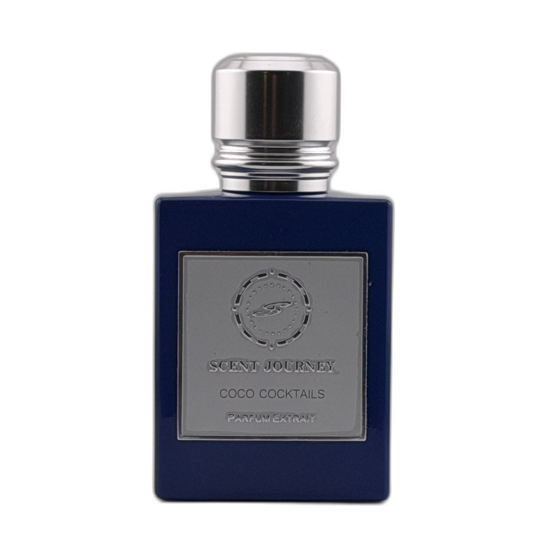 A dark blue rectangular perfume bottle with a silver metallic cap and a silver label reading 'SCENT JOURNEY COCO COCKTAILS'.