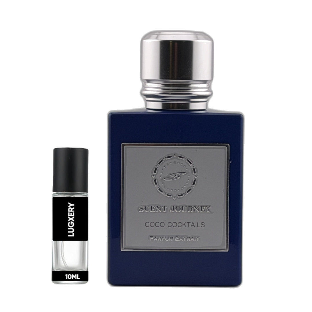 A dark blue rectangular perfume bottle with a silver cap and a silver front label reading 'SCENT JOURNEY COCO COCKTAILS' next to a small 10ml travel spray bottle labeled 'LUGKERY' on a white background.